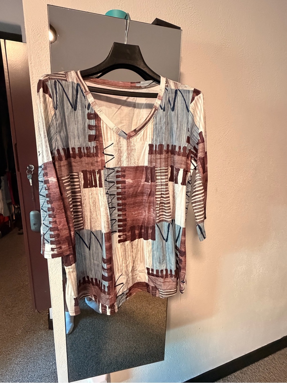 V-Neck Long Sleeve Top in Brown, Blue and Cream
